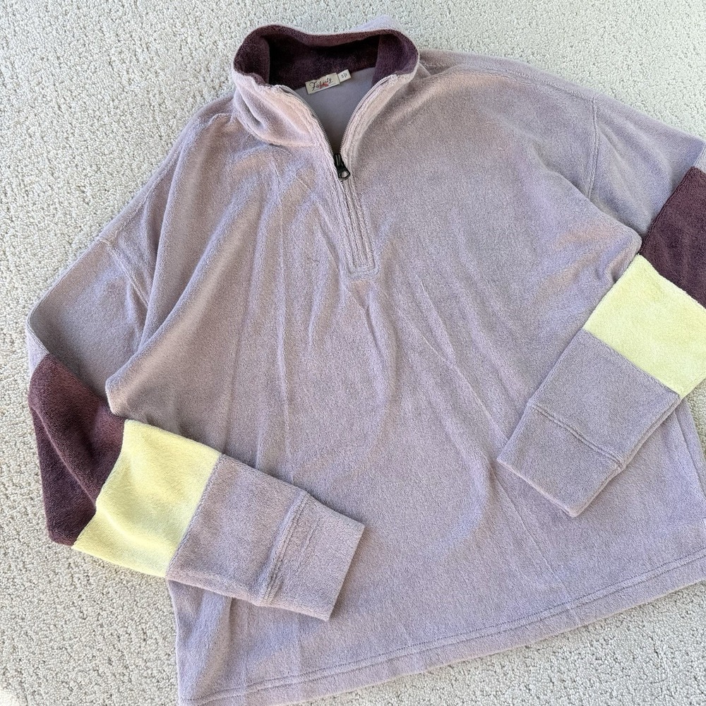 Faherty Cabana Towel Terry Quarter Zip Pullover Women's S Purple Colorblock $168